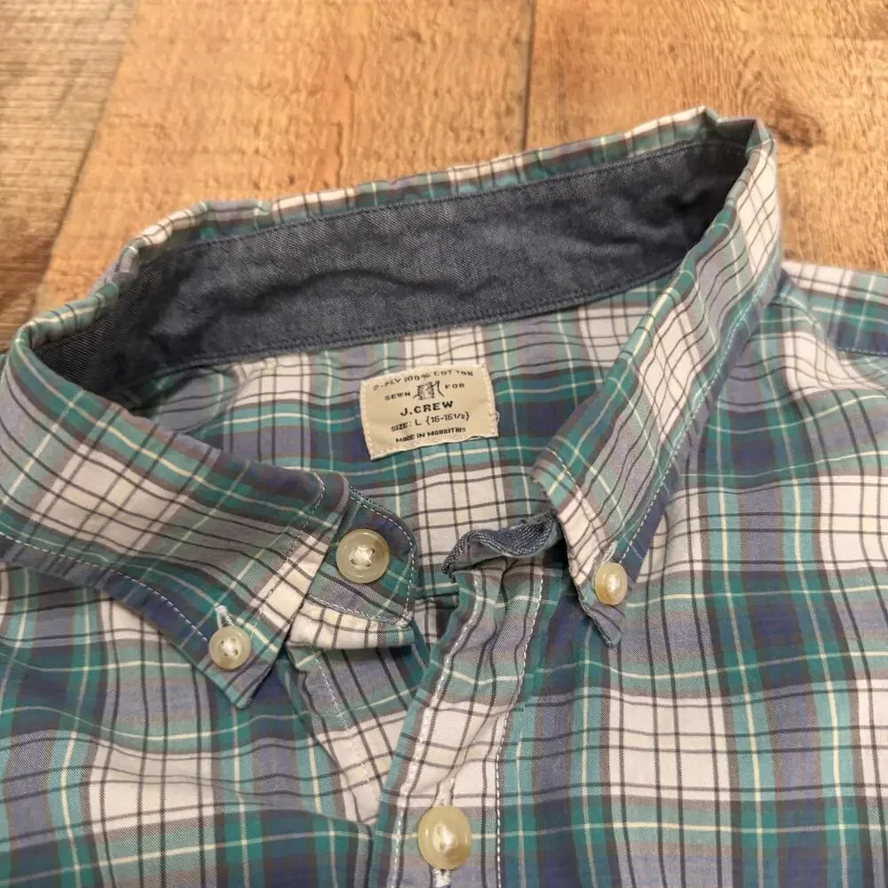 J. Crew Men's 100% Cotton Blue Plaid Button Down Shirt Sz L Preppy Classic